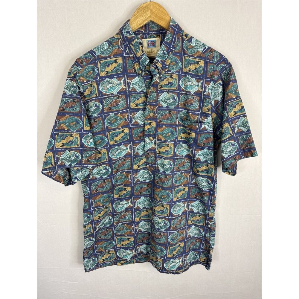 Kahala Hawaiian Shirt Mens M Blue Fish Print Button Front Aloha Cotton